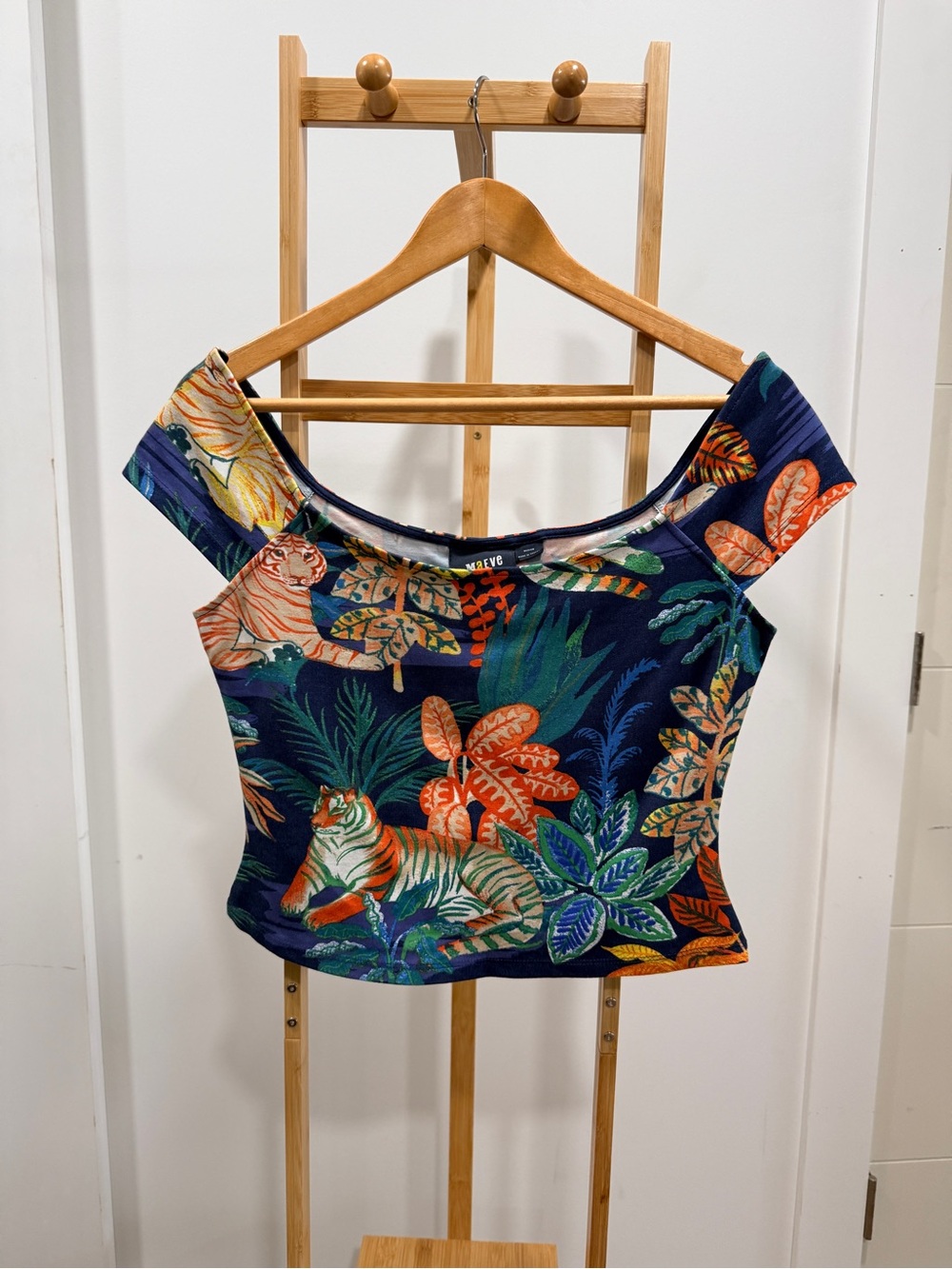 Anthropologie Navy Off-Shoulder Tropical Crop Top with Green & Orange Print